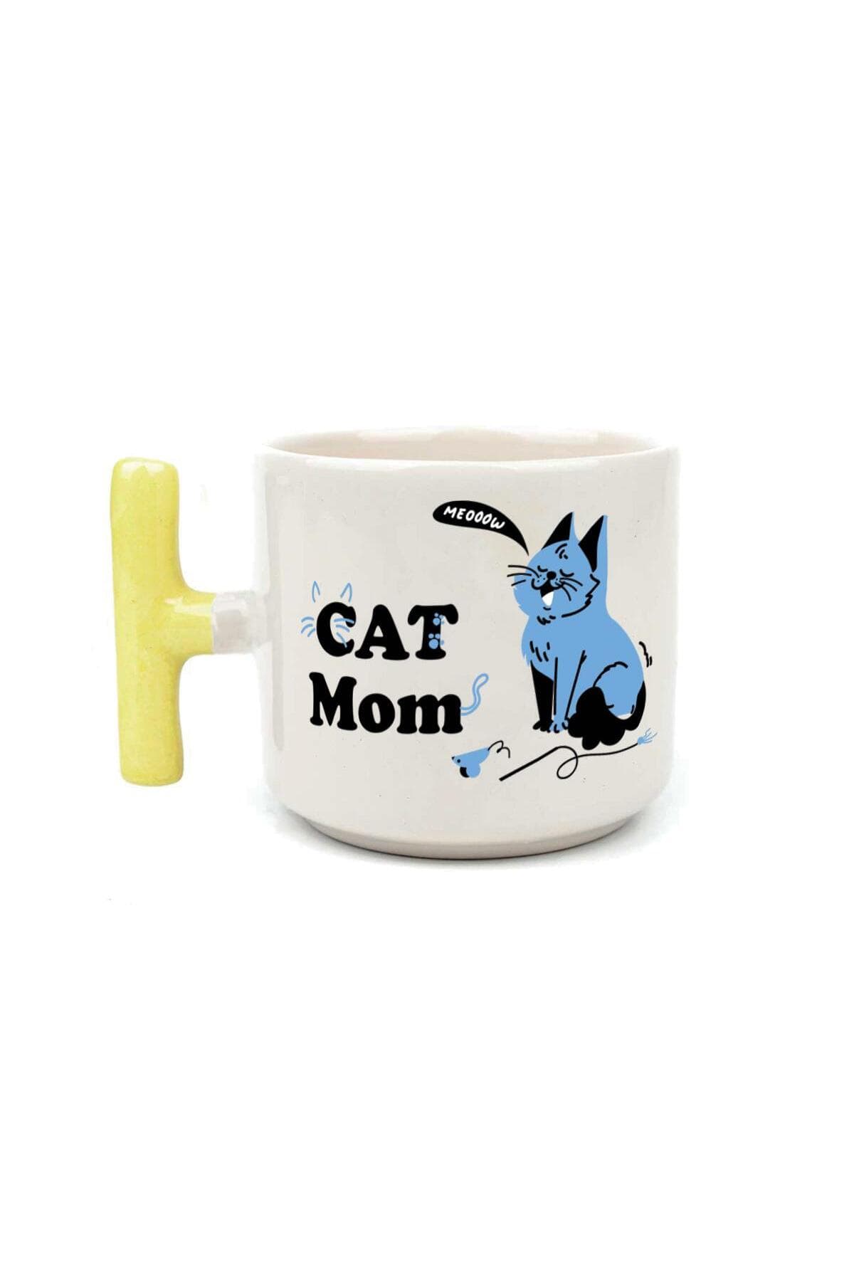 Cat Mom Baskılı Sarı Kulplu T Kupa
