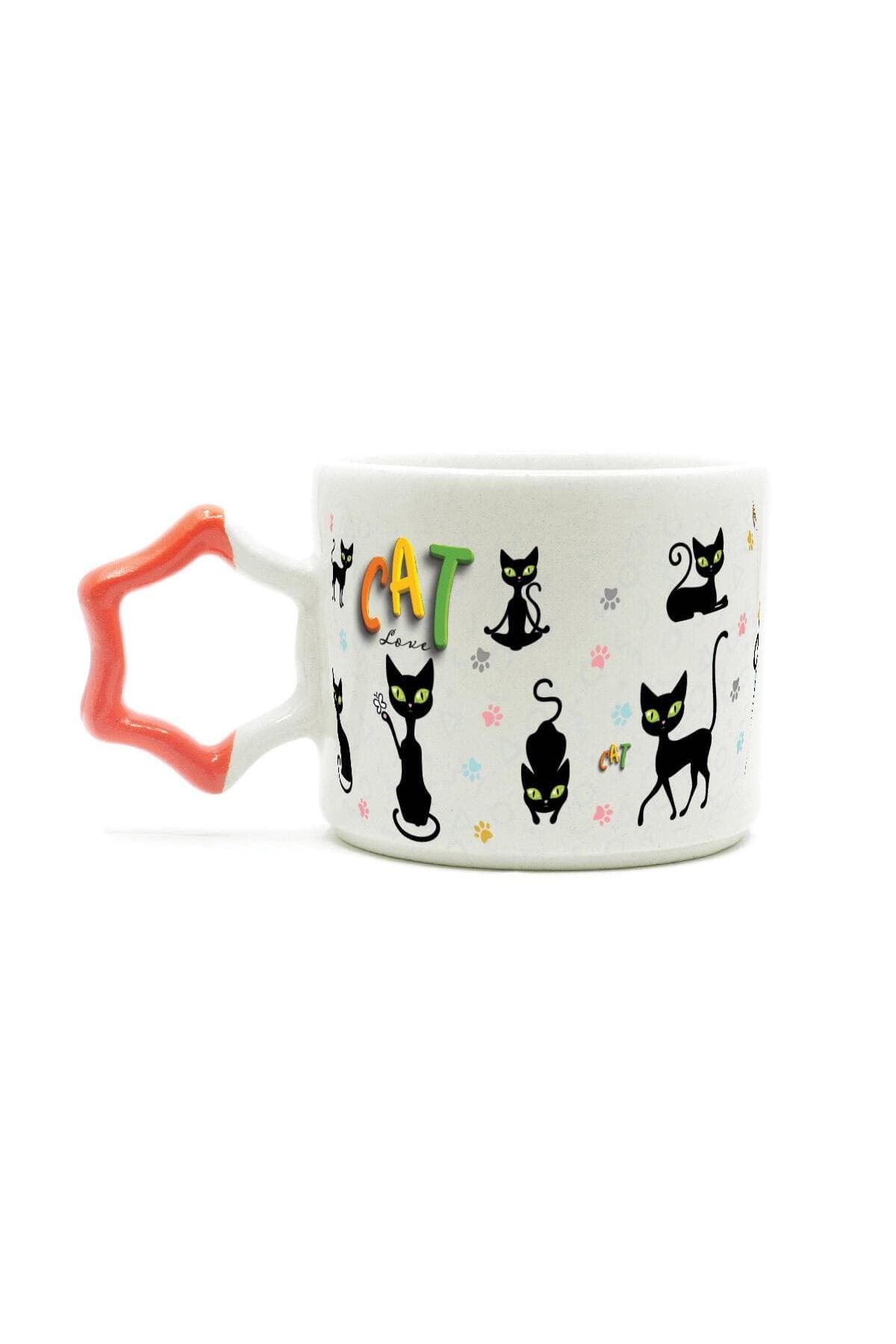 Cat Love Baskılı Turuncu Kulplu Yıldız Kupa