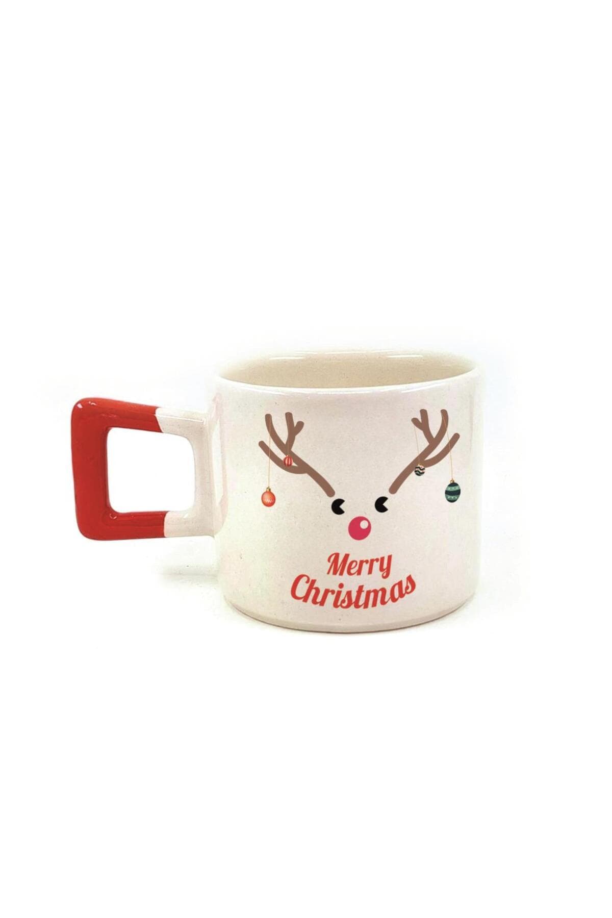 Merry Christmas Geyik Baskılı Kırmızı Kulplu Kare Yılbaşı Kupası