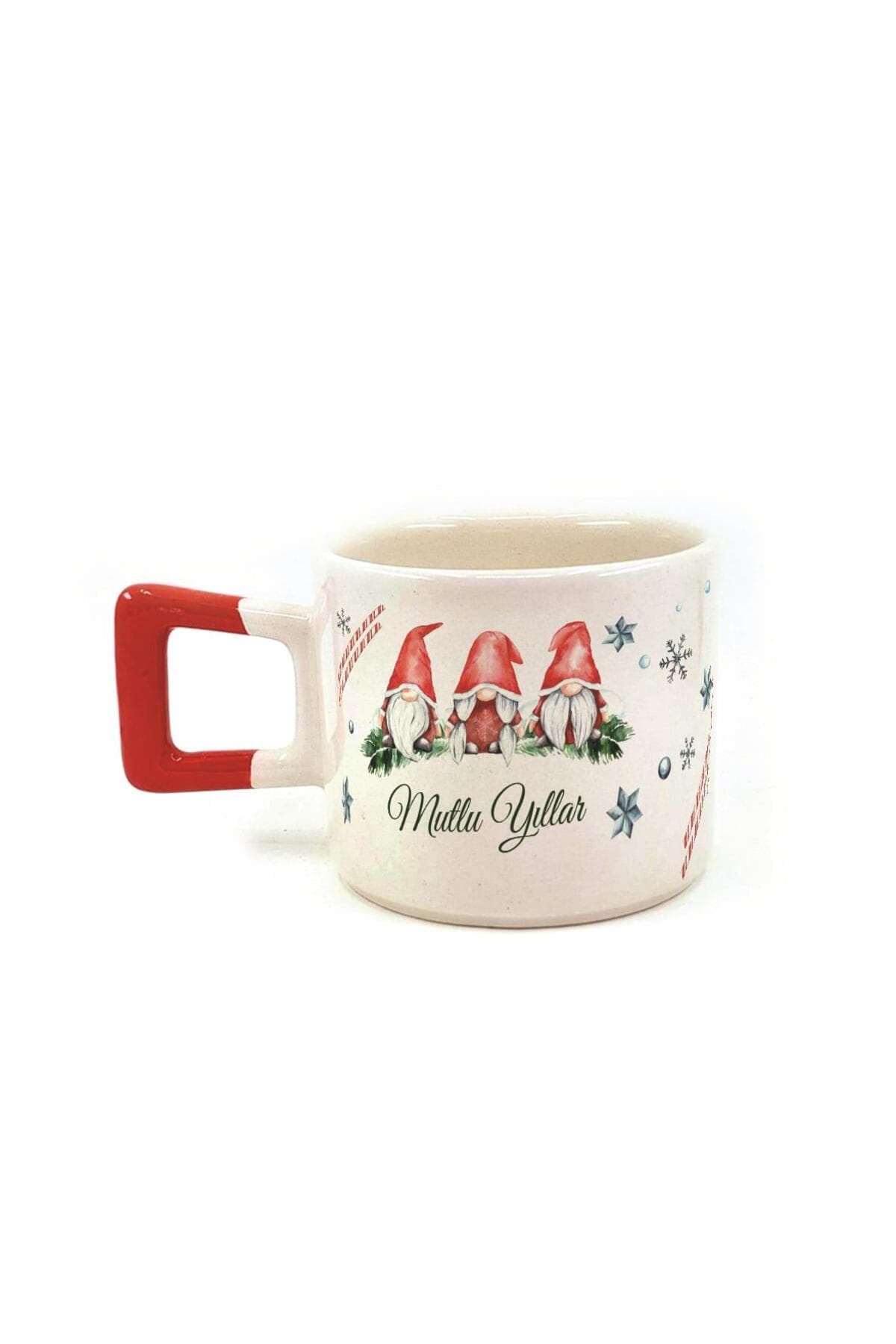 Mutlu Yıllar 3 Noel Baba Baskılı Kırmızı Kulplu Kare Yılbaşı Kupası