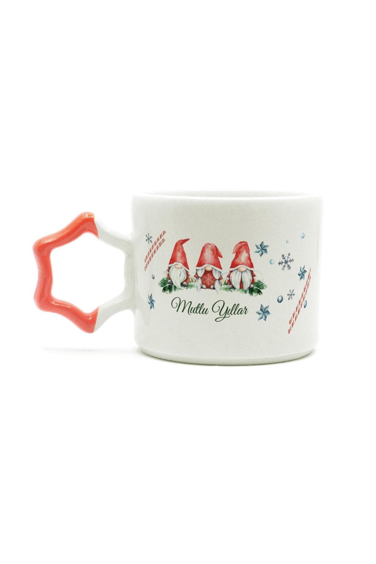 Mutlu Yıllar 3 Noel Baba Baskılı Turuncu Kulplu Yıldız Yılbaşı Kupası