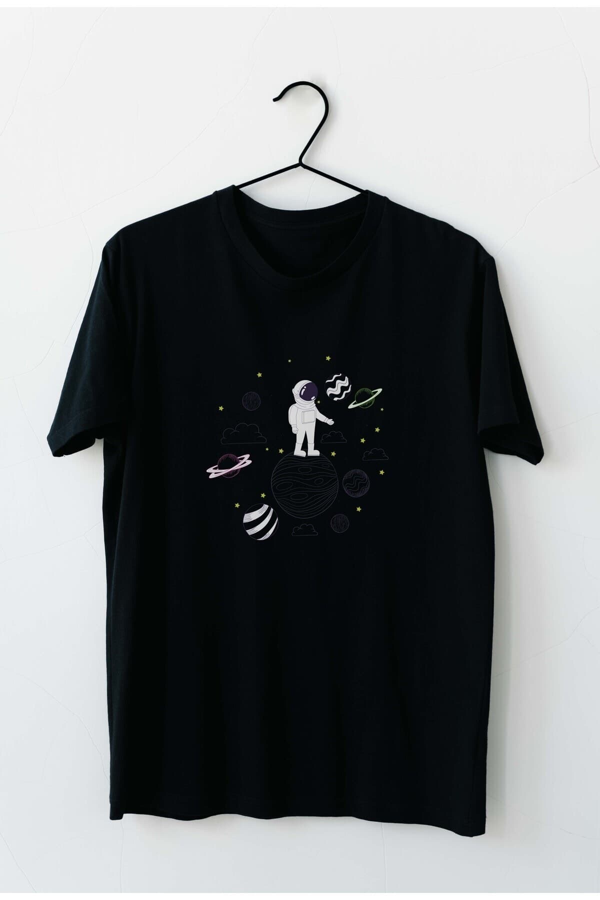 Gezegenler ve Astronot Tasarım Baskılı Erkek Tshirt - XL