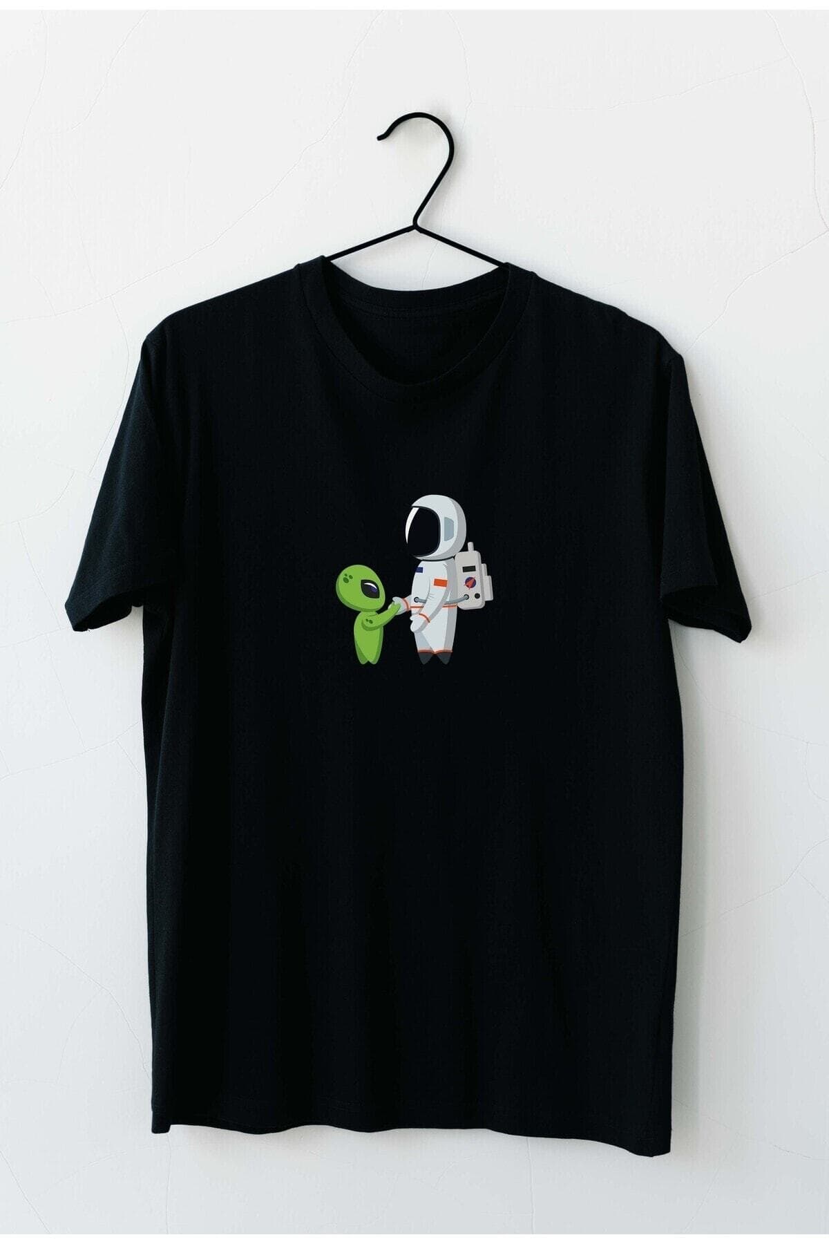 Astronot ve Uzaylı Selam Tasarım Baskılı Erkek Tshirt - XL
