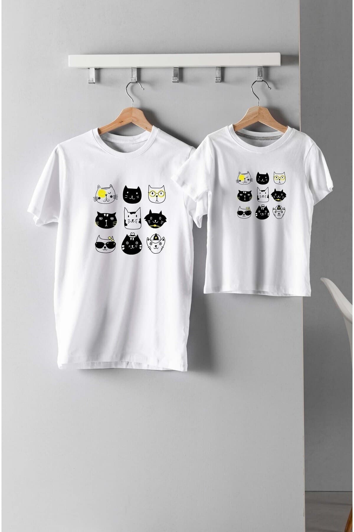 9 lu Kediler Tasarım Baskılı Anne Kız Çocuk Kombin Tshirt - M