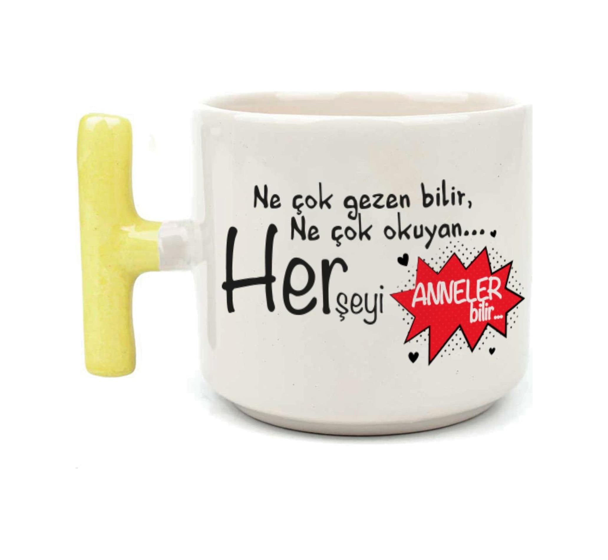 Ne Çok Gezen Bilir Ne Çok Okuyan Baskılı Sarı Kulplu T Kupa