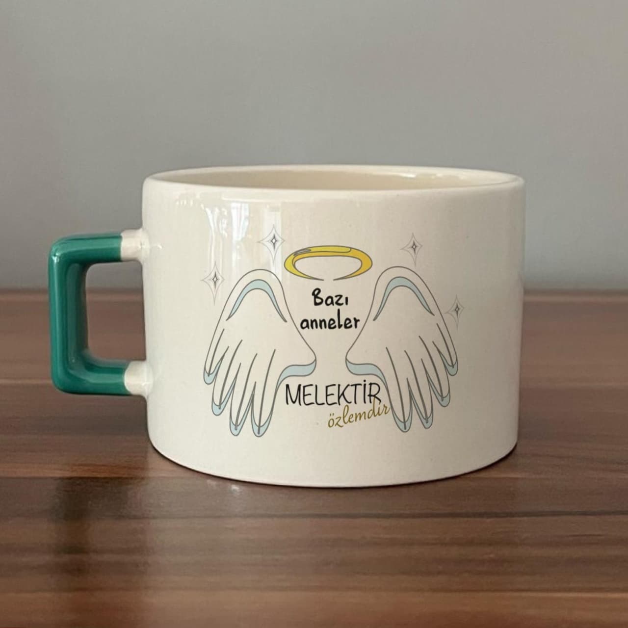 Bazı Anneler Melektir Baskılı Yeşil Kulplu Kare Espresso Fincanı