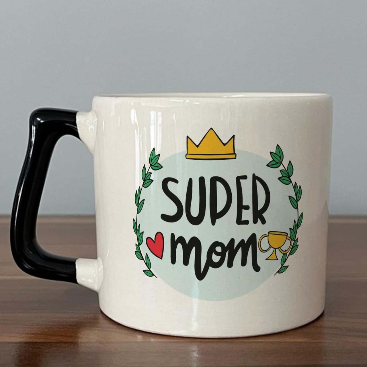 Super Mom Yazı Baskılı Siyah Kulplu Prime Kupa