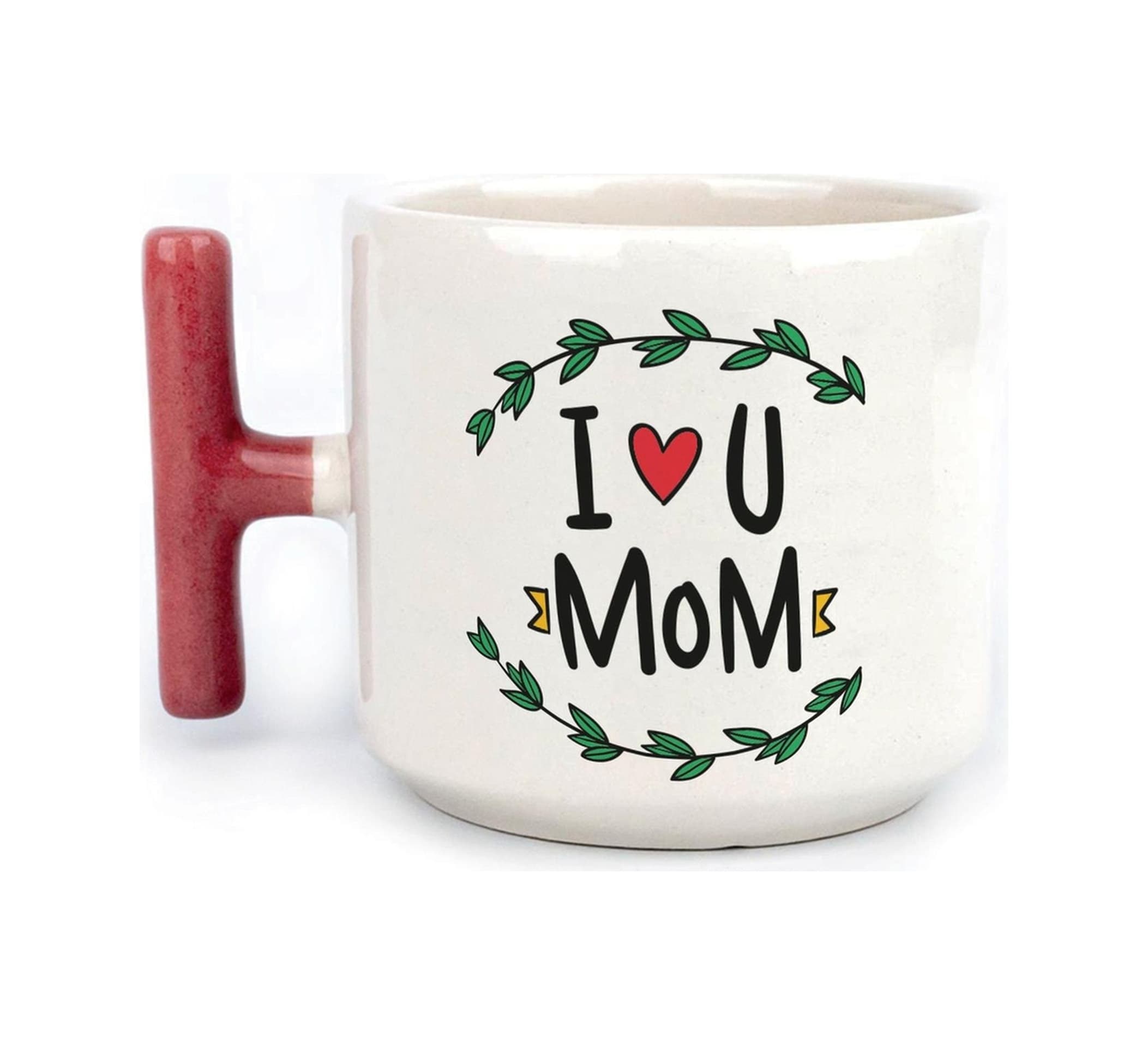I Love You Mom Baskılı Kırmızı Kulplu T Kupa