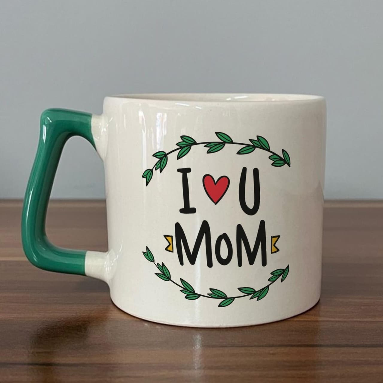 I Love You Mom Baskılı Yeşil Kulplu Prime Kupa