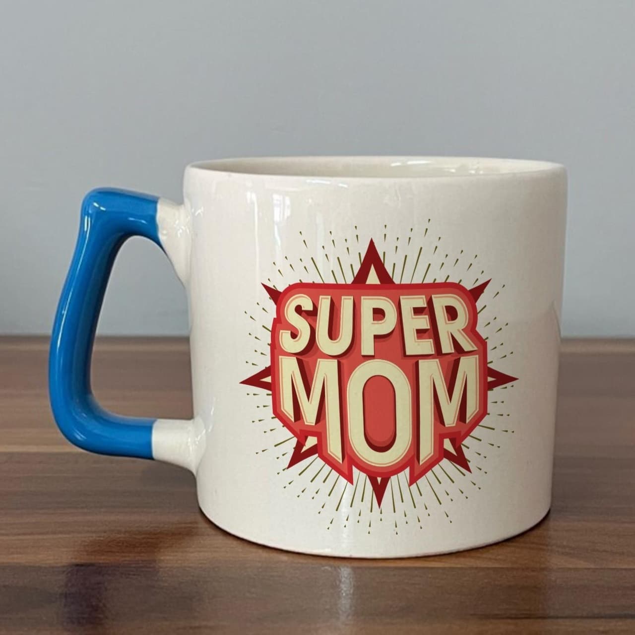 Süper Mom Kırmızı Baskılı Mavi Kulplu Prime Kupa