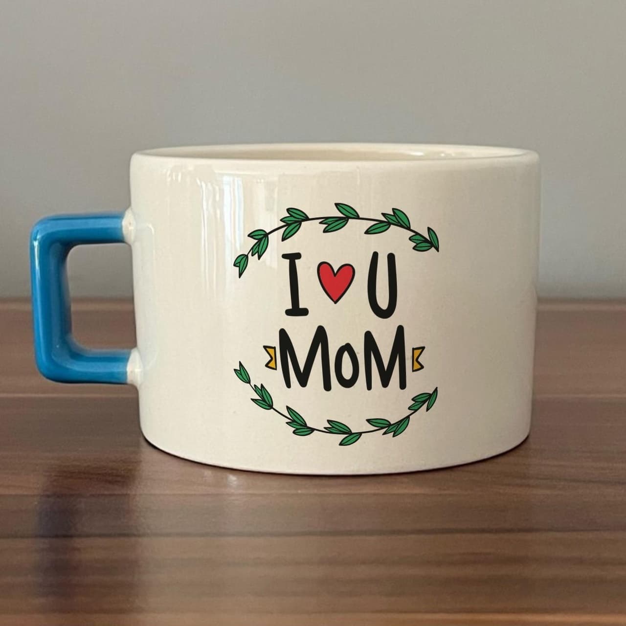I Love You Mom Baskılı Mavi Kulplu Kare Espresso Fincanı