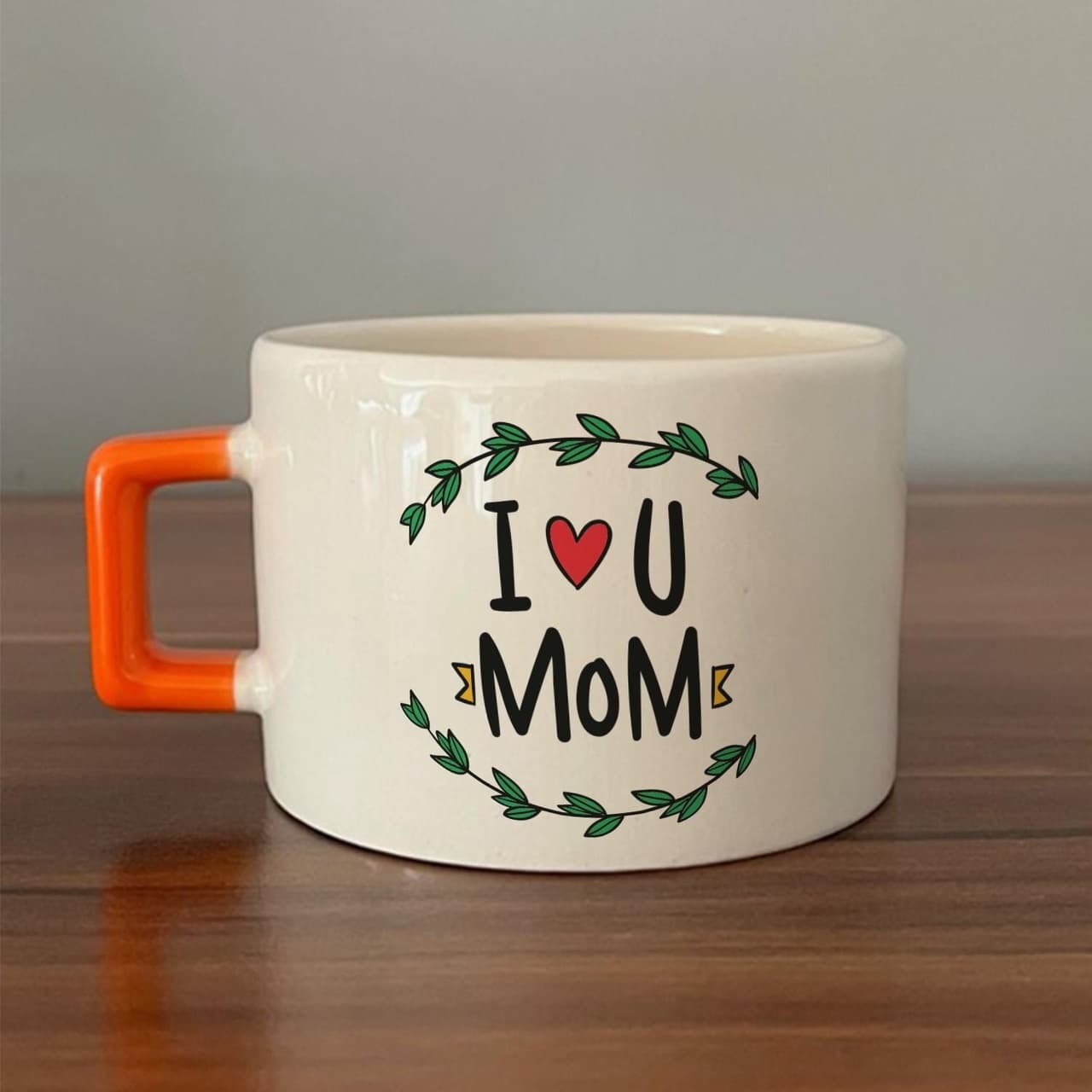 I Love You Mom Baskılı Turuncu Kulplu Kare Espresso Fincanı