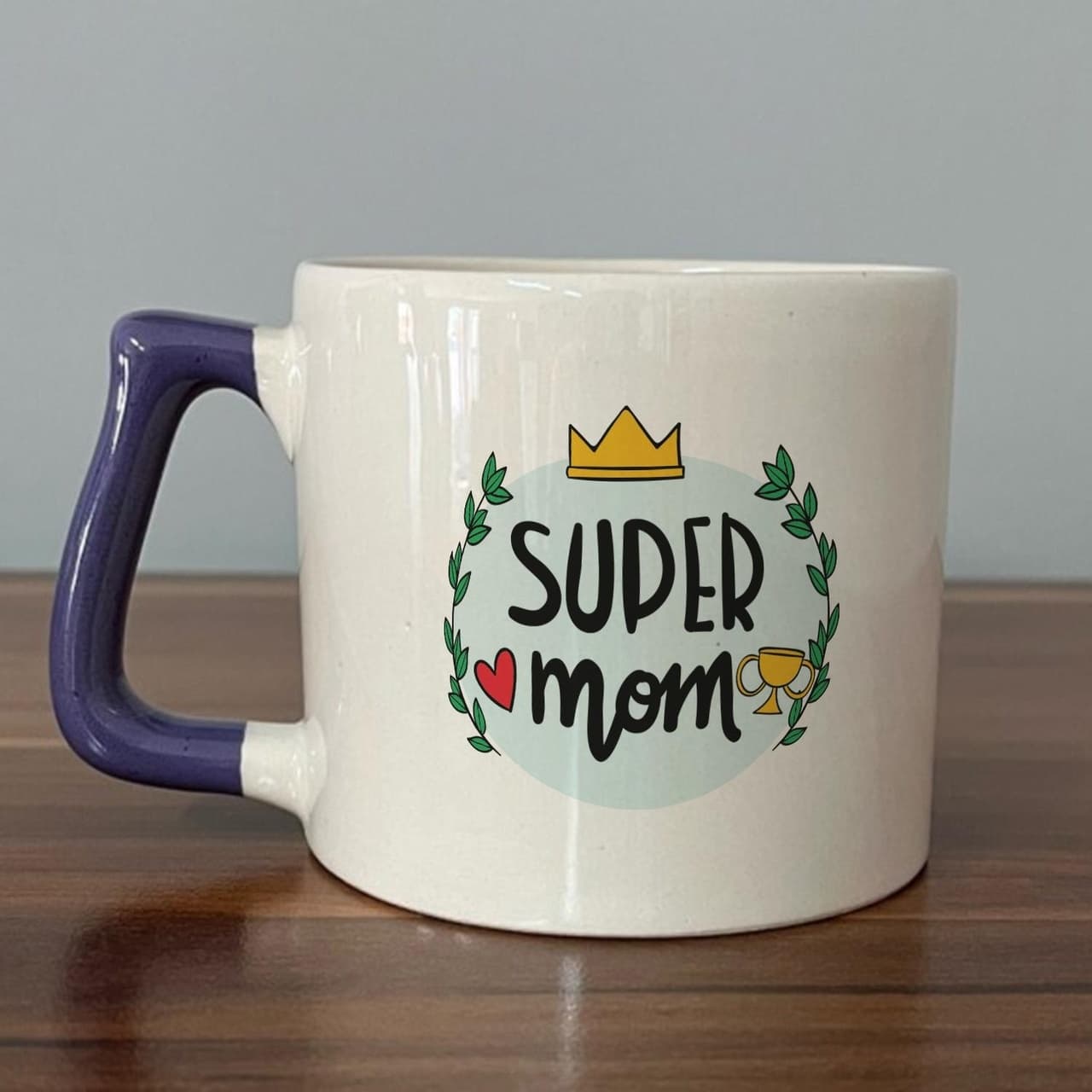 Super Mom Yazı Baskılı Mor Kulplu Prime Kupa