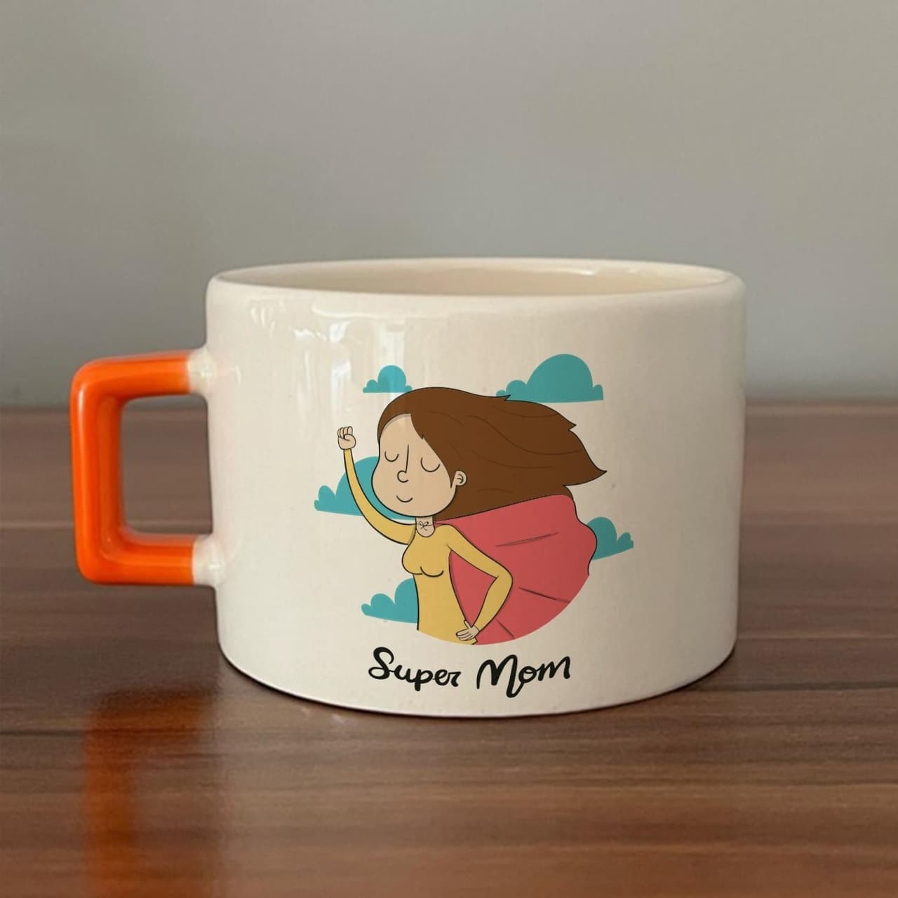 Süper Mom Pelerin Baskılı Turuncu Kulplu Kare Espresso Fincanı