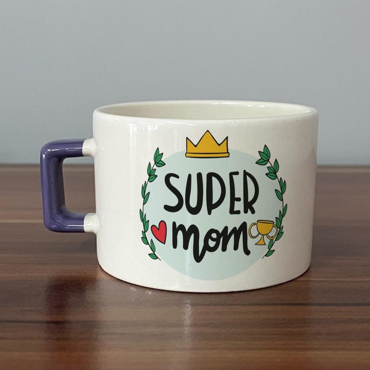 Super Mom Yazı Baskılı Mor Kulplu Kare Espresso Fincanı