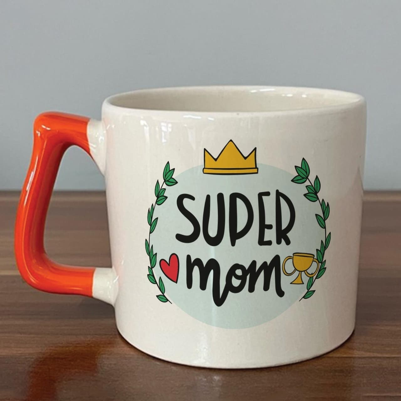 Super Mom Yazı Baskılı Turuncu Kulplu Prime Kupa