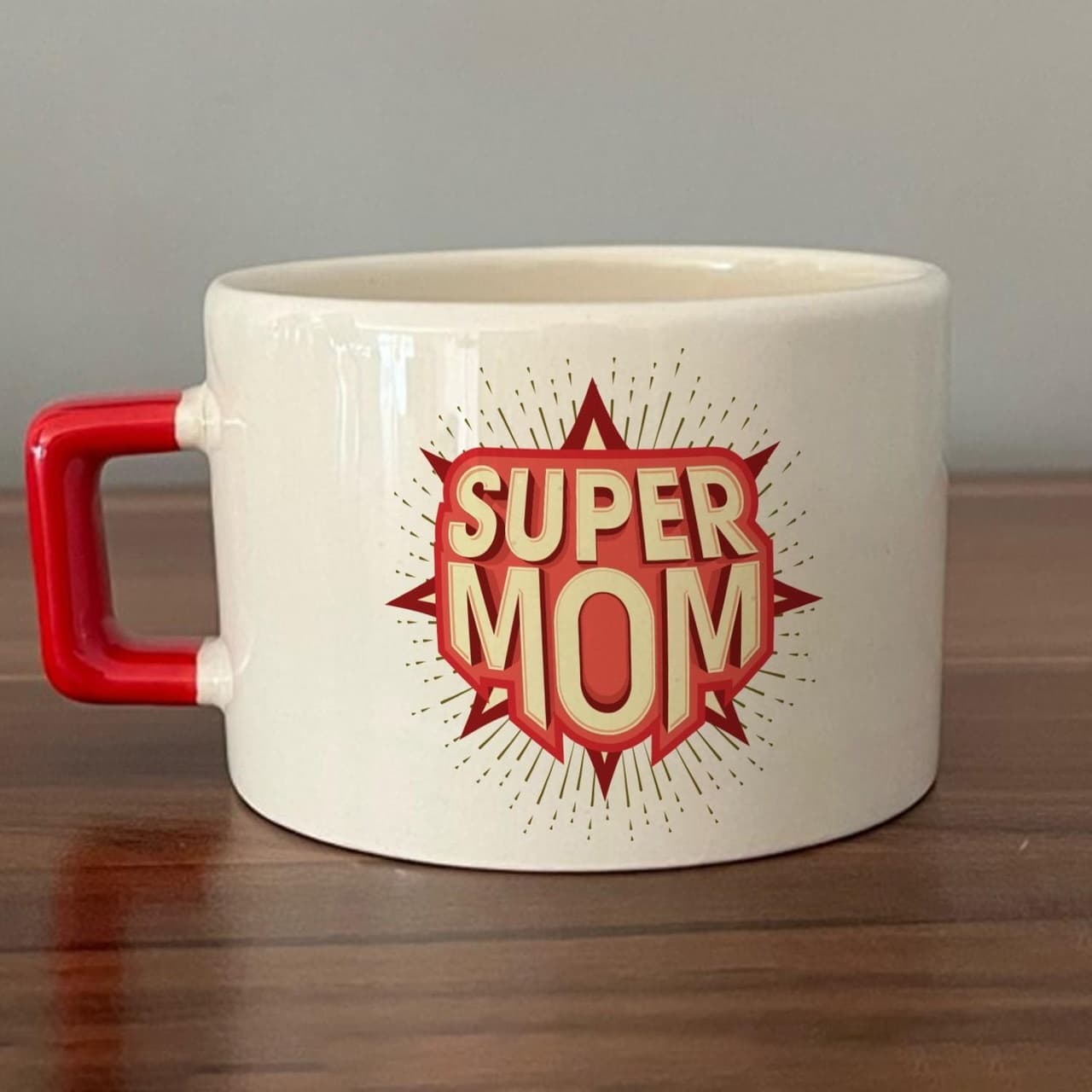 Süper Mom Kırmızı Baskılı Kırmızı Kulplu Kare Espresso Fincanı