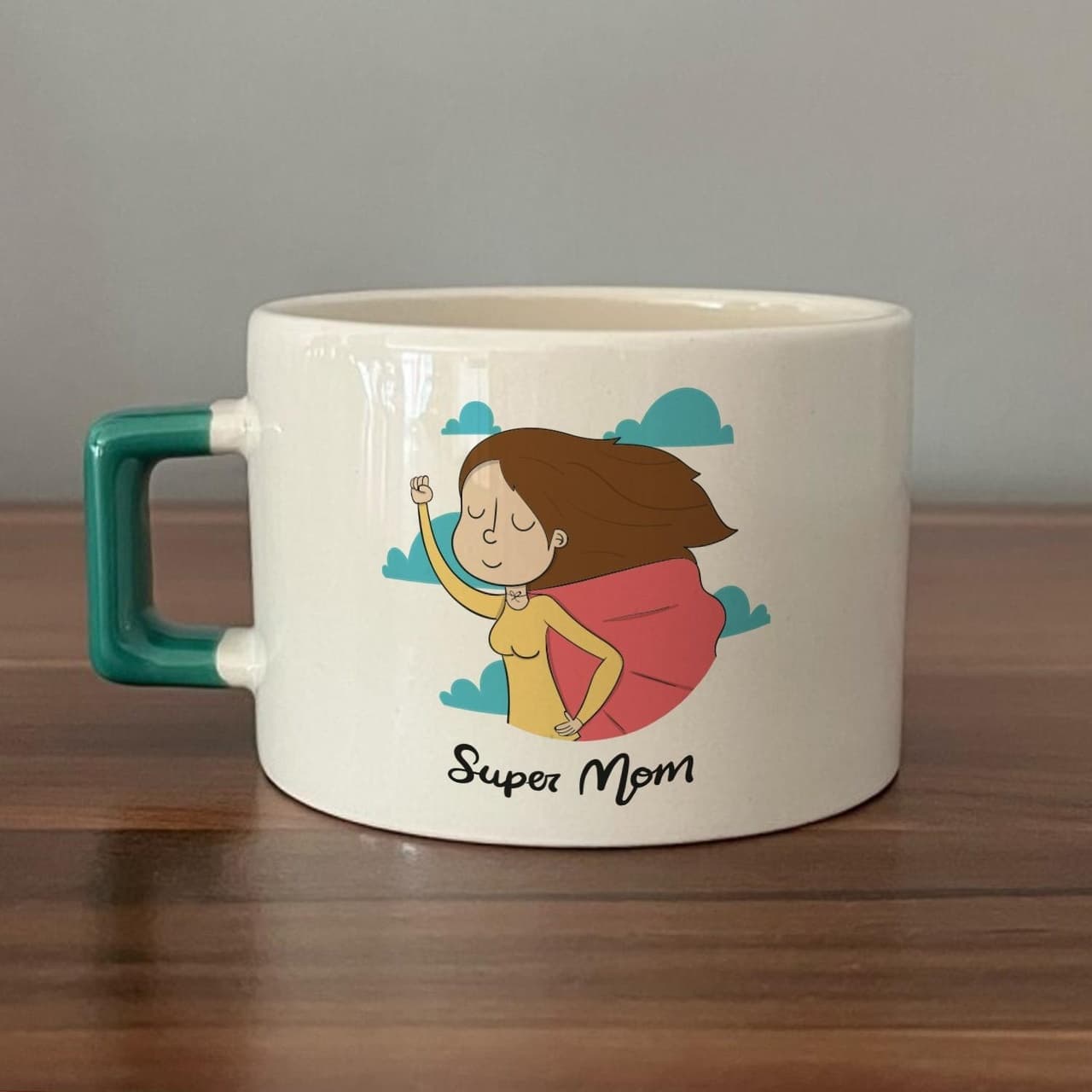 Süper Mom Pelerin Baskılı Yeşil Kulplu Kare Espresso Fincanı