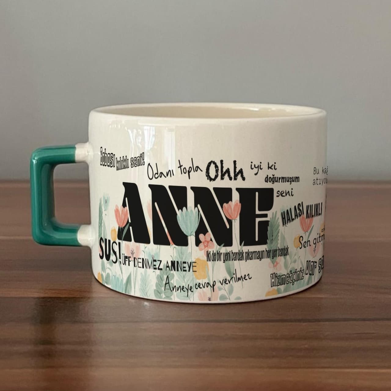 Anne Sözleri Tam Tur Baskılı Baskılı Yeşil Kulplu Kare Espresso Fincanı