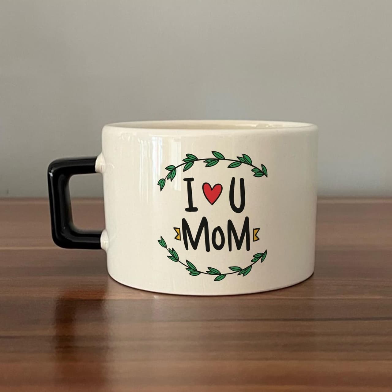 I Love You Mom Baskılı Siyah Kulplu Kare Espresso Fincanı