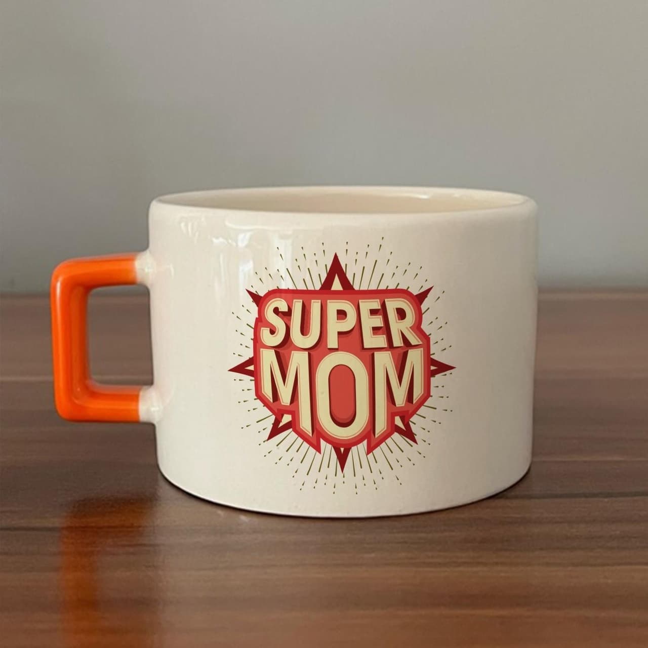 Süper Mom Kırmızı Baskılı Turuncu Kulplu Kare Espresso Fincanı