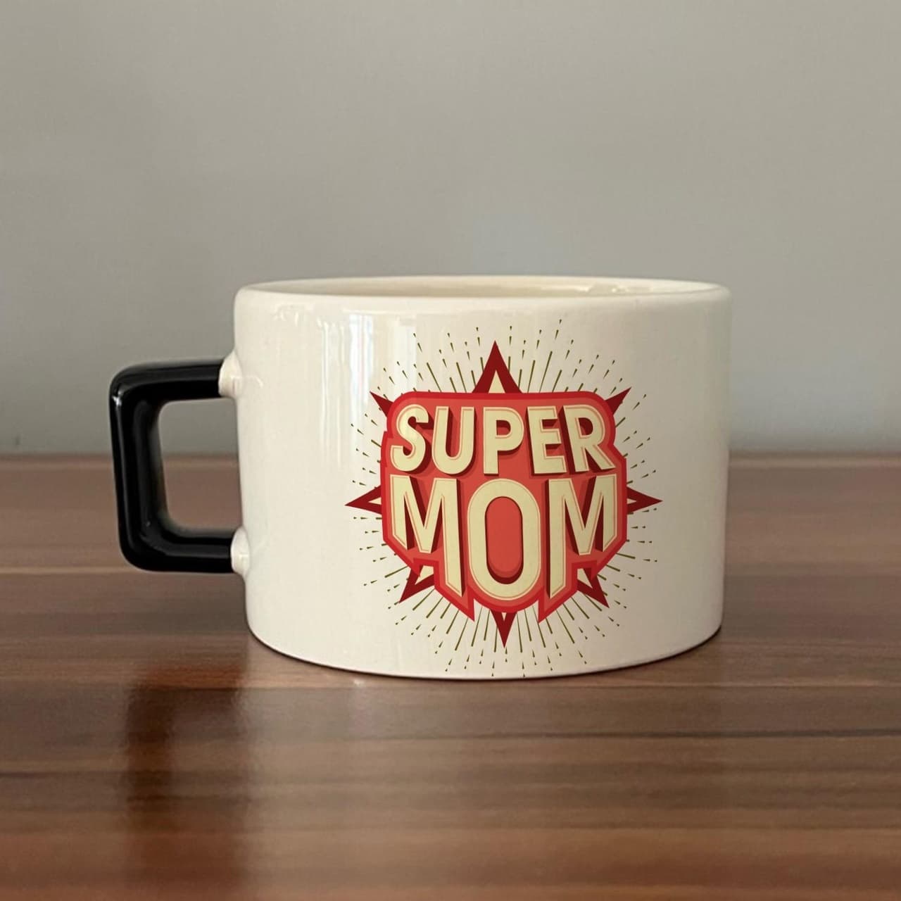 Süper Mom Kırmızı Baskılı Siyah Kulplu Kare Espresso Fincanı