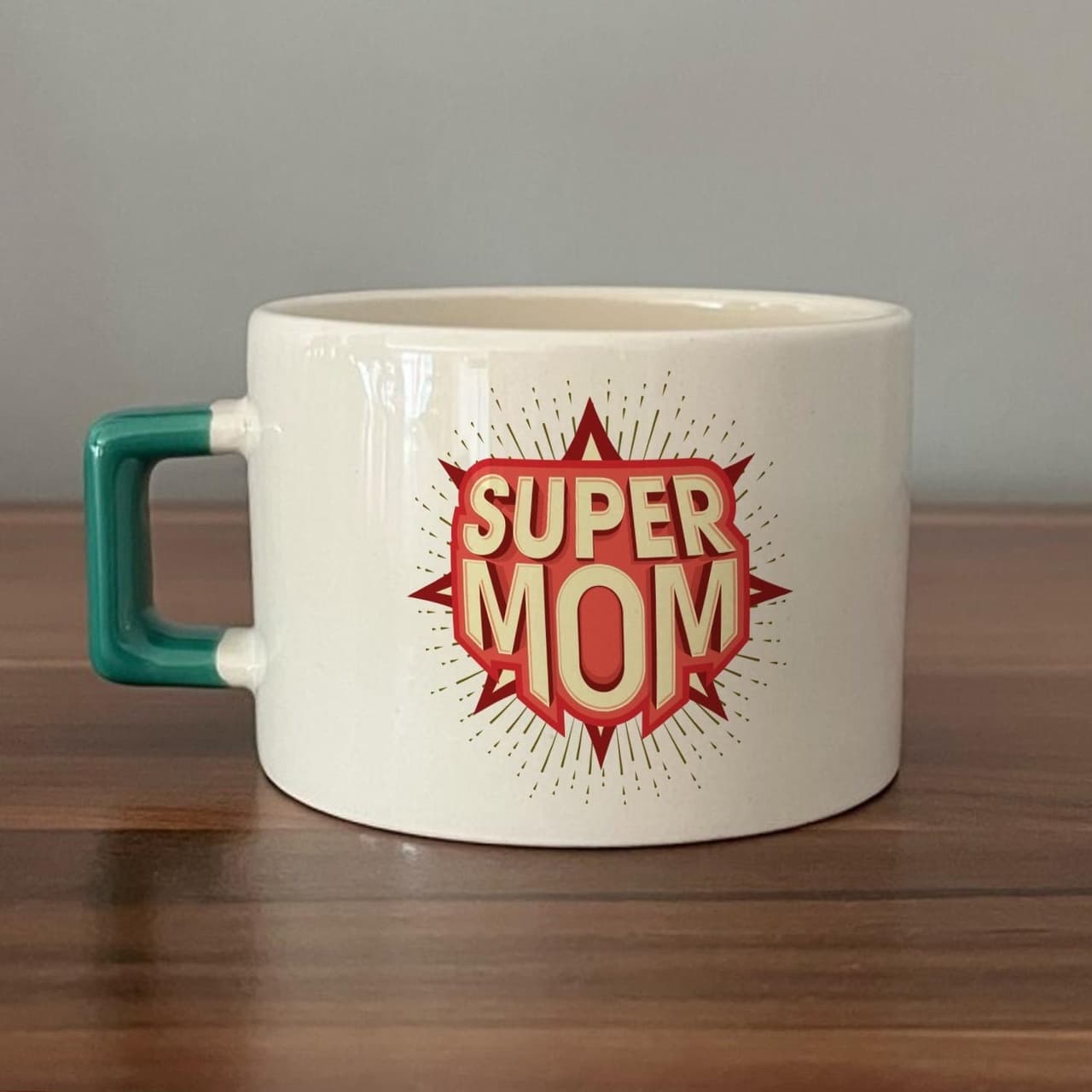 Süper Mom Kırmızı Baskılı Yeşil Kulplu Kare Espresso Fincanı