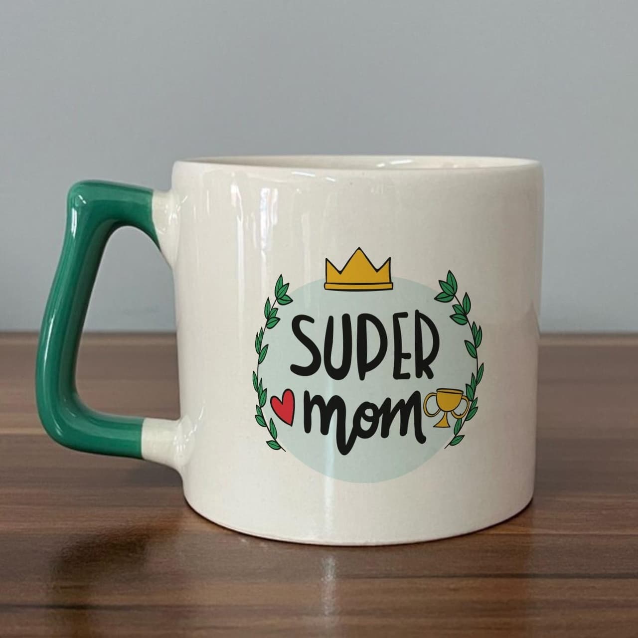 Super Mom Yazı Baskılı Yeşil Kulplu Prime Kupa