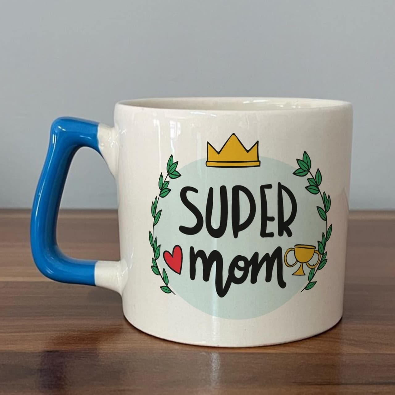 Super Mom Yazı Baskılı Mavi Kulplu Prime Kupa