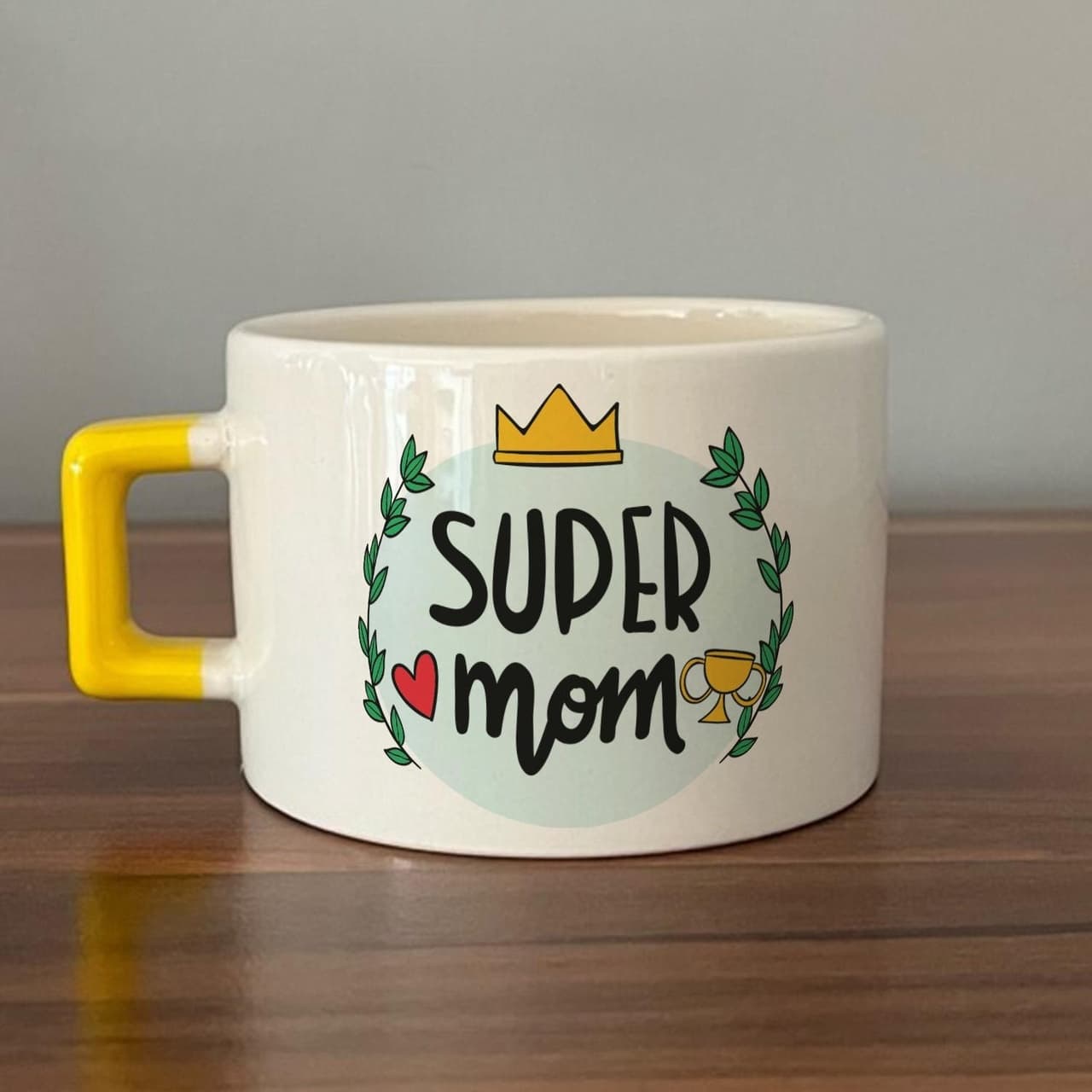 Super Mom Yazı Baskılı Sarı Kulplu Kare Espresso Fincanı