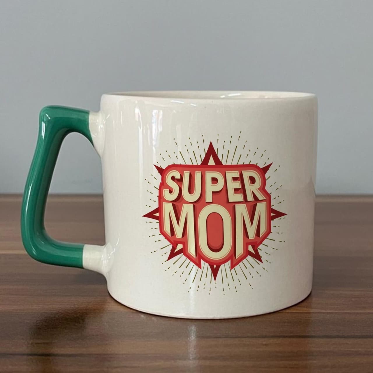 Süper Mom Kırmızı Baskılı Yeşil Kulplu Prime Kupa