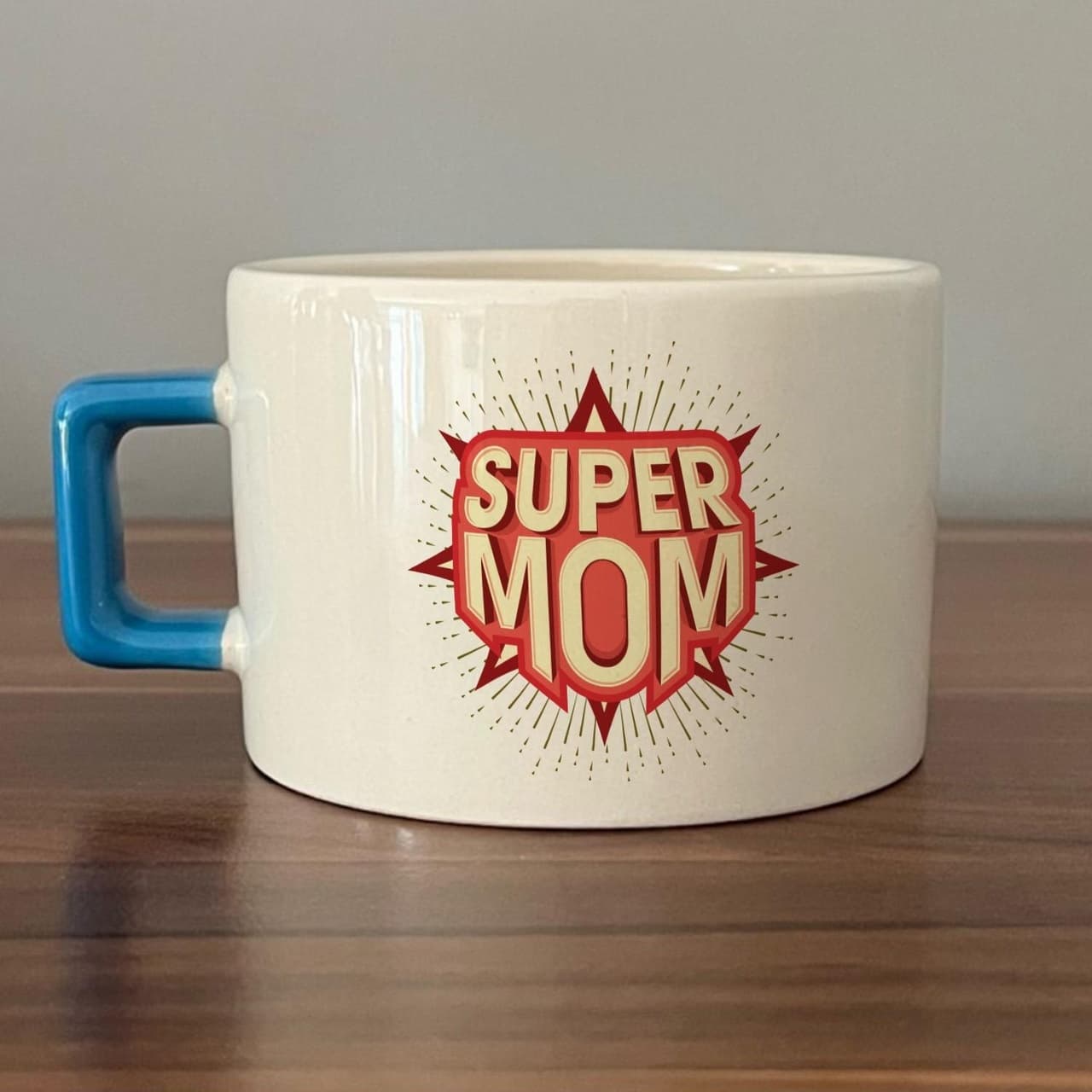 Süper Mom Kırmızı Baskılı Mavi Kulplu Kare Espresso Fincanı