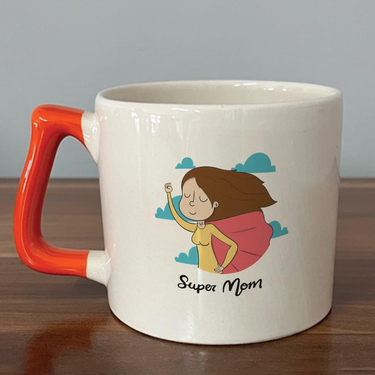 Süper Mom Pelerin Baskılı Turuncu Kulplu Prime Kupa