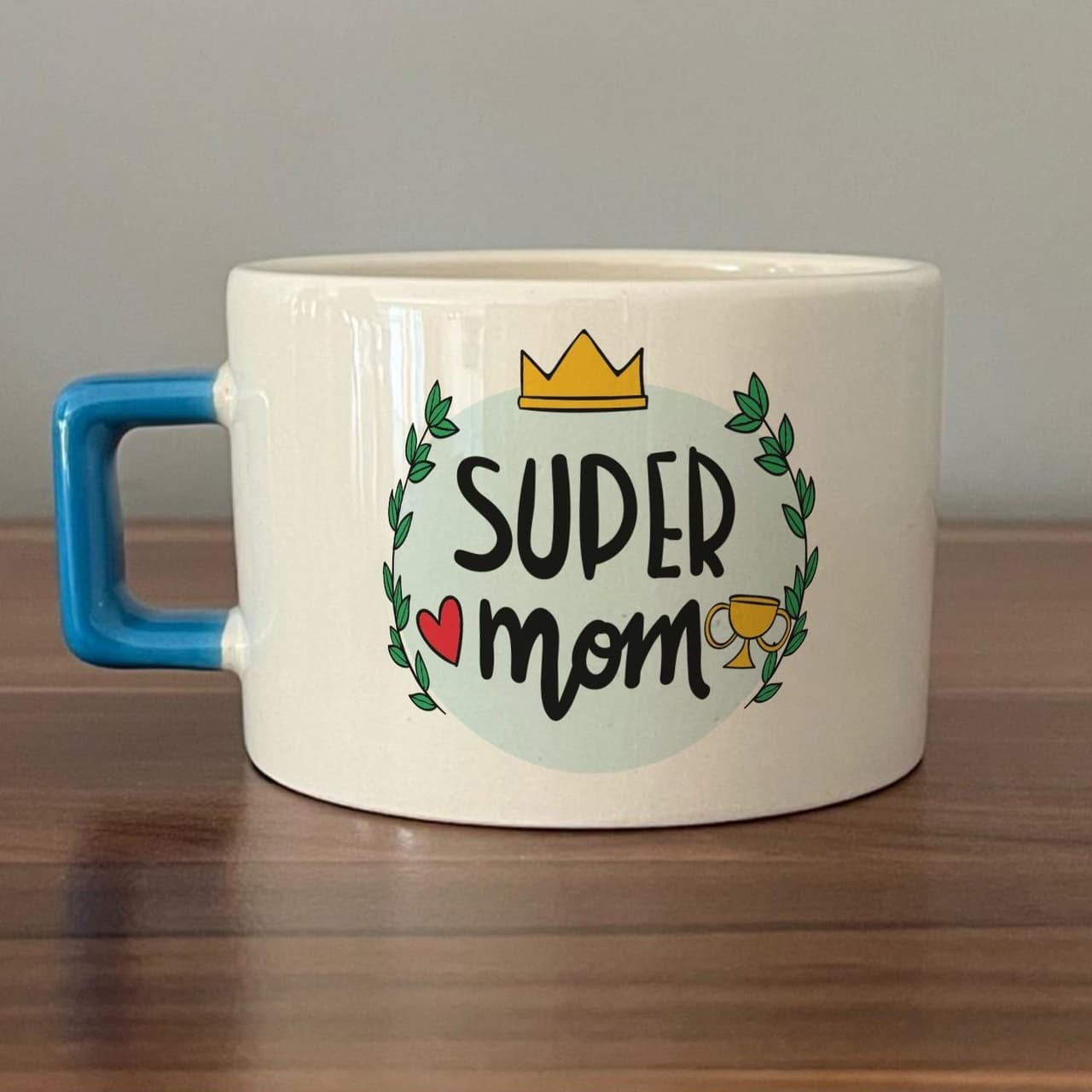 Super Mom Yazı Baskılı Mavi Kulplu Kare Espresso Fincanı