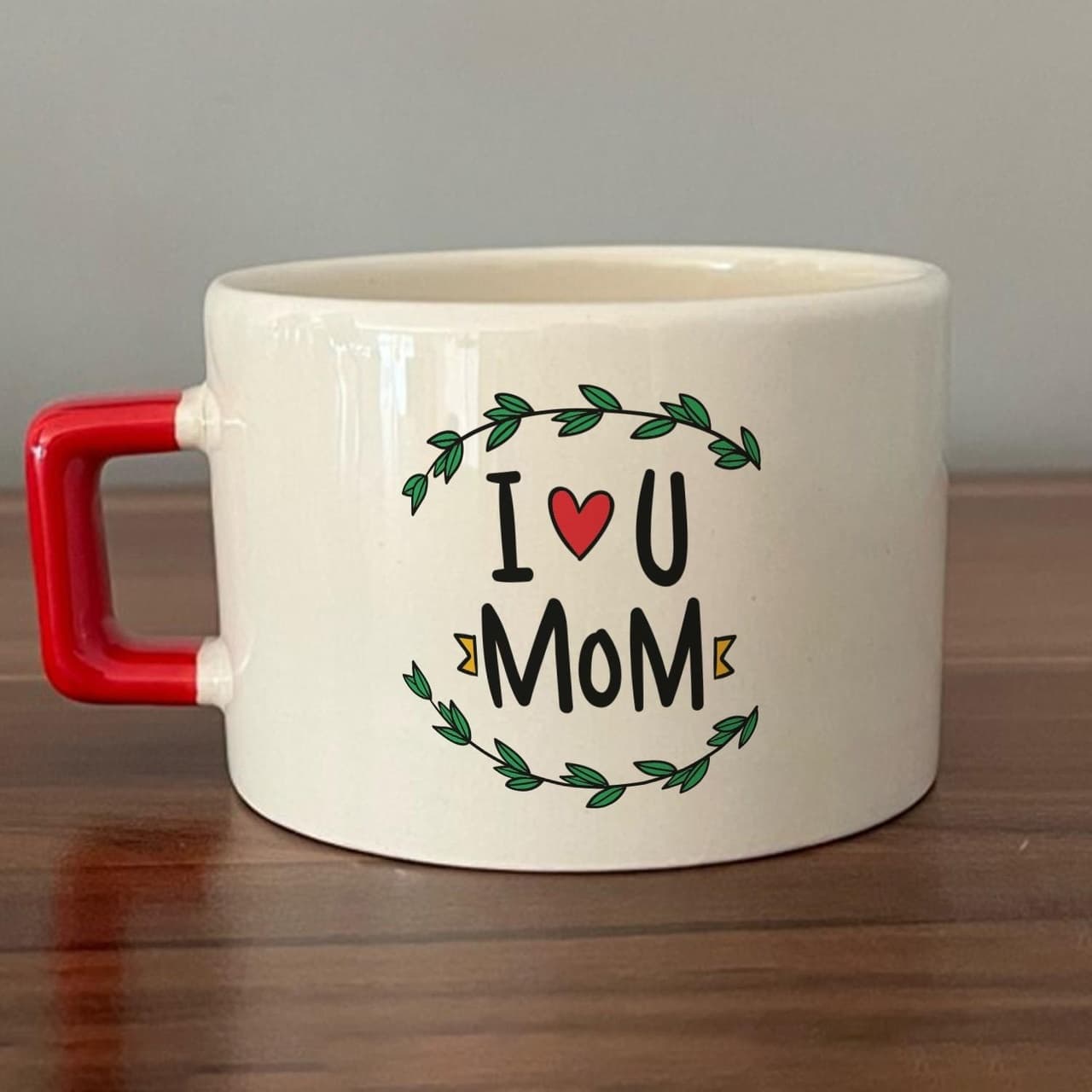 I Love You Mom Baskılı Kırmızı Kulplu Kare Espresso Fincanı