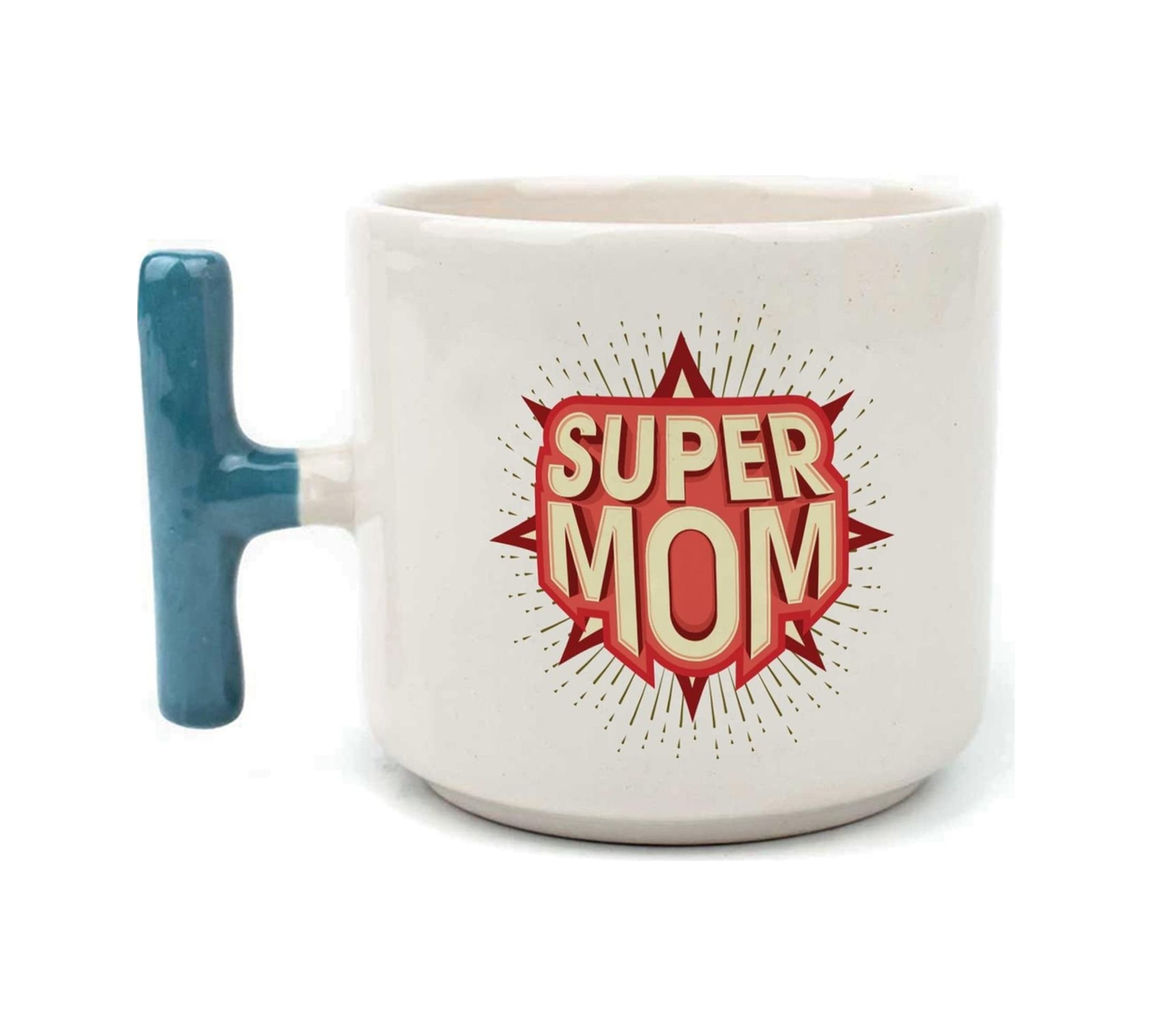 Süper Mom Kırmızı Baskılı Mavi Kulplu T Kupa