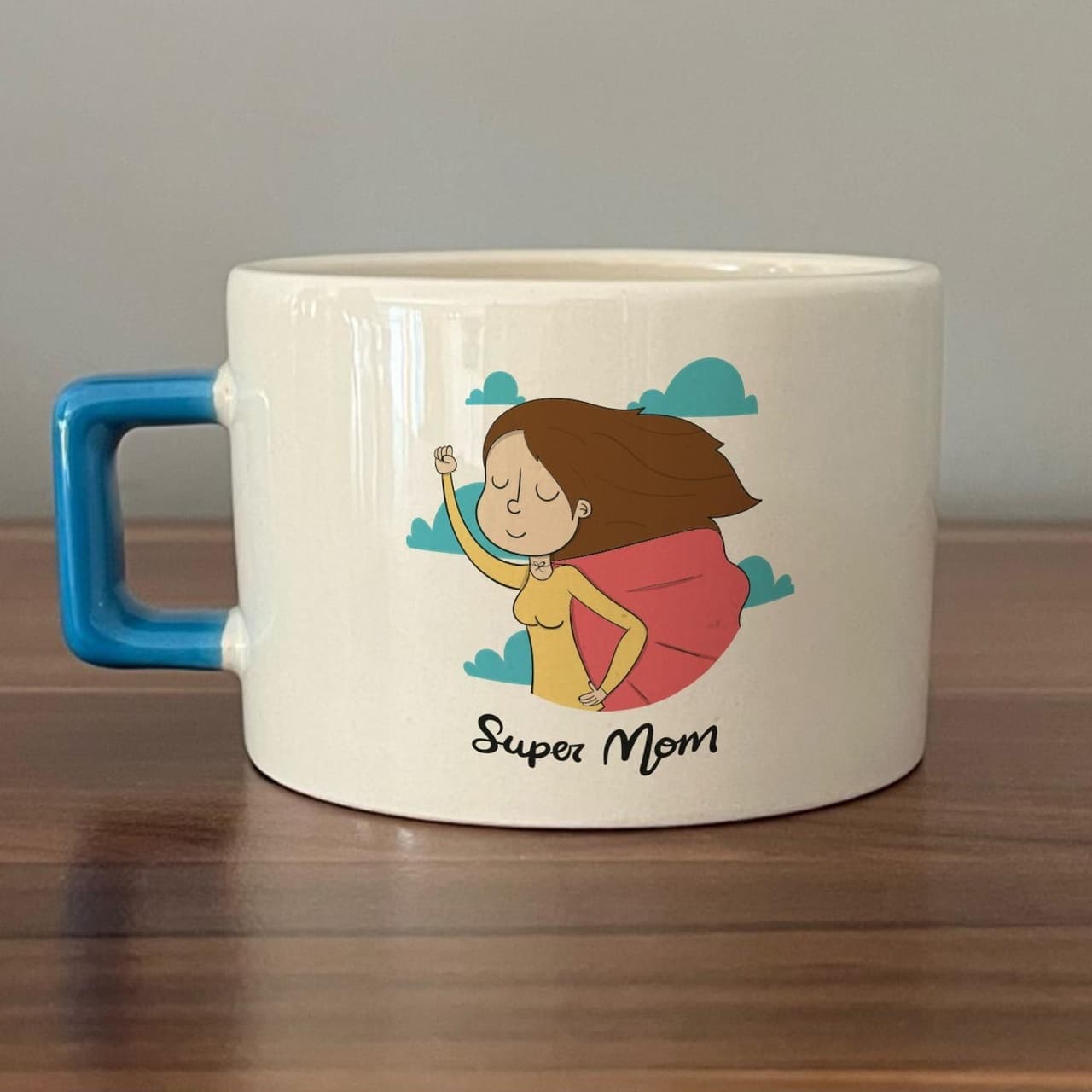 Süper Mom Pelerin Baskılı Mavi Kulplu Kare Espresso Fincanı