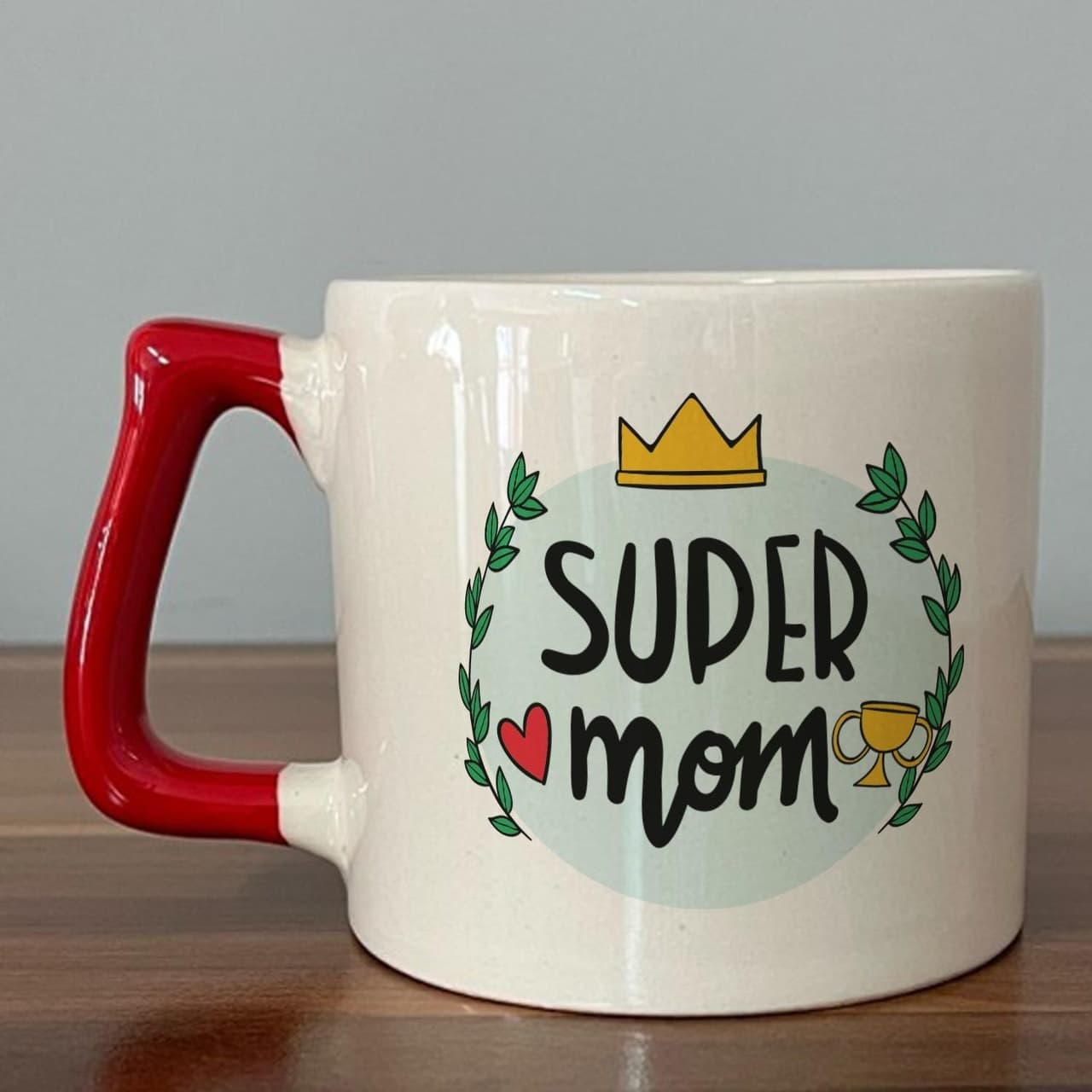 Super Mom Yazı Baskılı Kırmızı Kulplu Prime Kupa