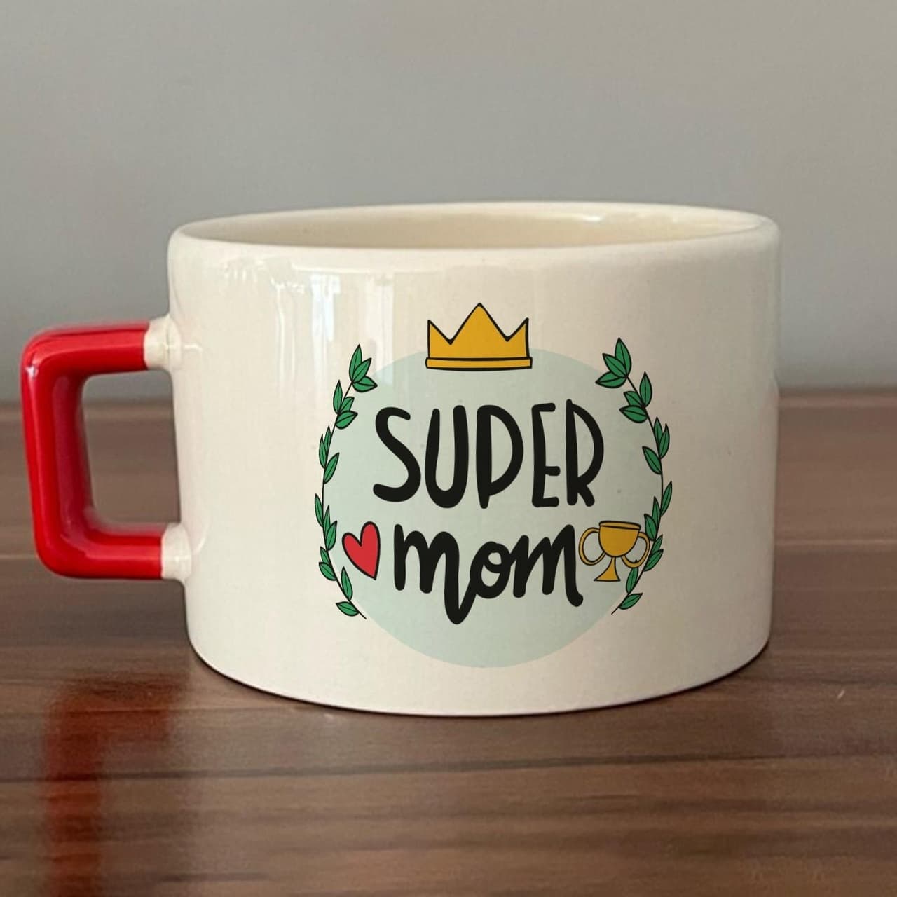 Super Mom Yazı Baskılı Kırmızı Kulplu Kare Espresso Fincanı