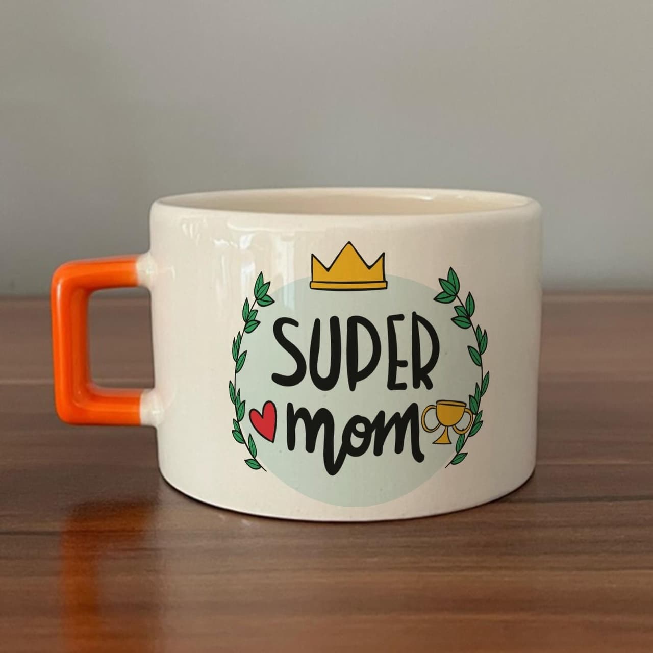 Super Mom Yazı Baskılı Turuncu Kulplu Kare Espresso Fincanı