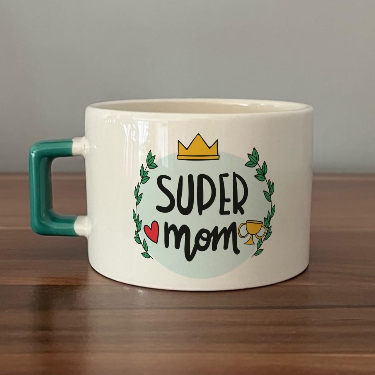 Super Mom Yazı Baskılı Yeşil Kulplu Kare Espresso Fincanı