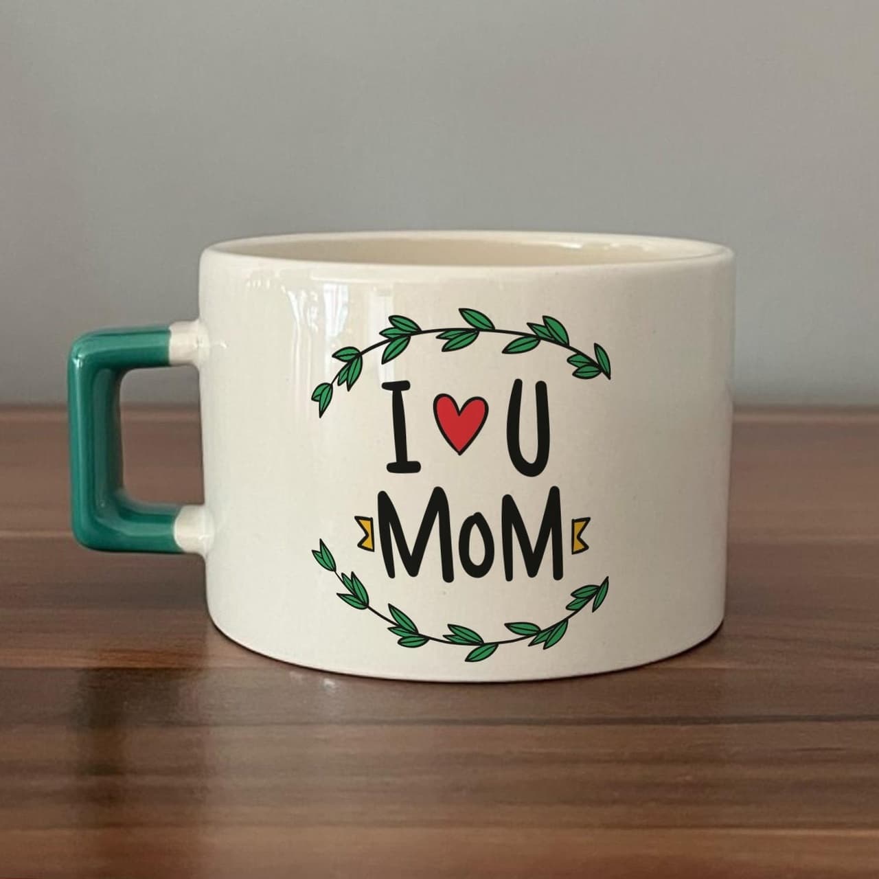 I Love You Mom Baskılı Yeşil Kulplu Kare Espresso Fincanı