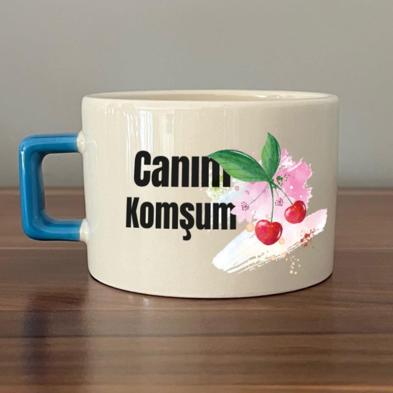 Canım Komşum Baskılı Mavi Kulplu Kare Espresso Fincanı