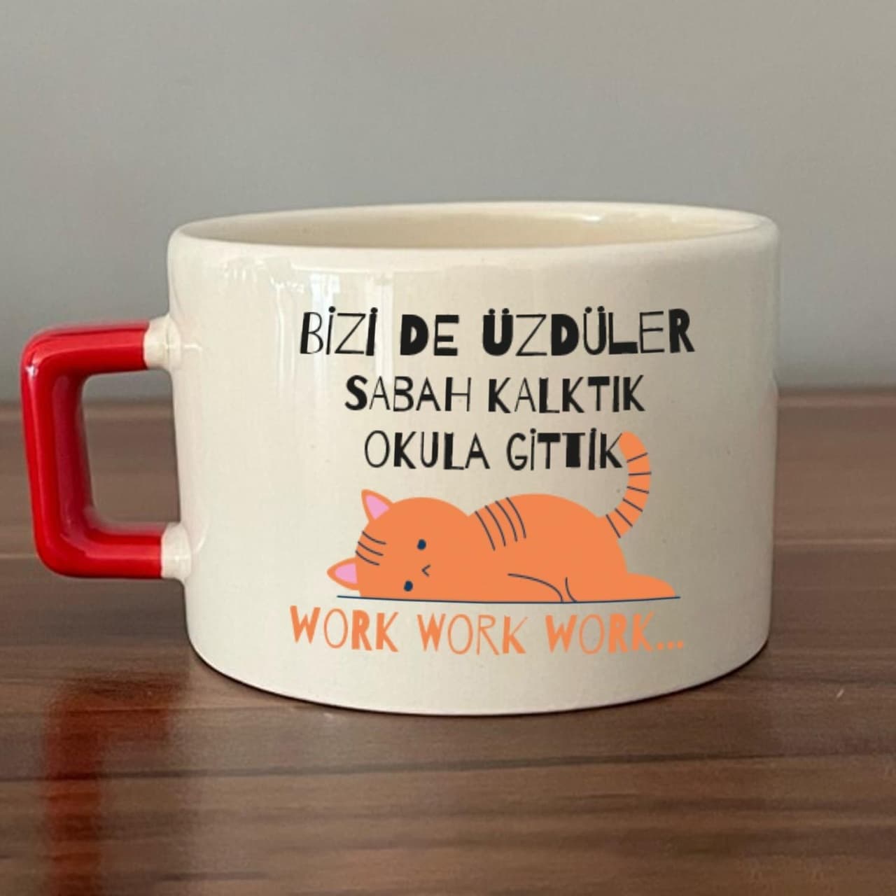 Bizi De Üzdüler Turuncu Kedi Baskılı Kırmızı Kulplu Kare Espresso Fincanı