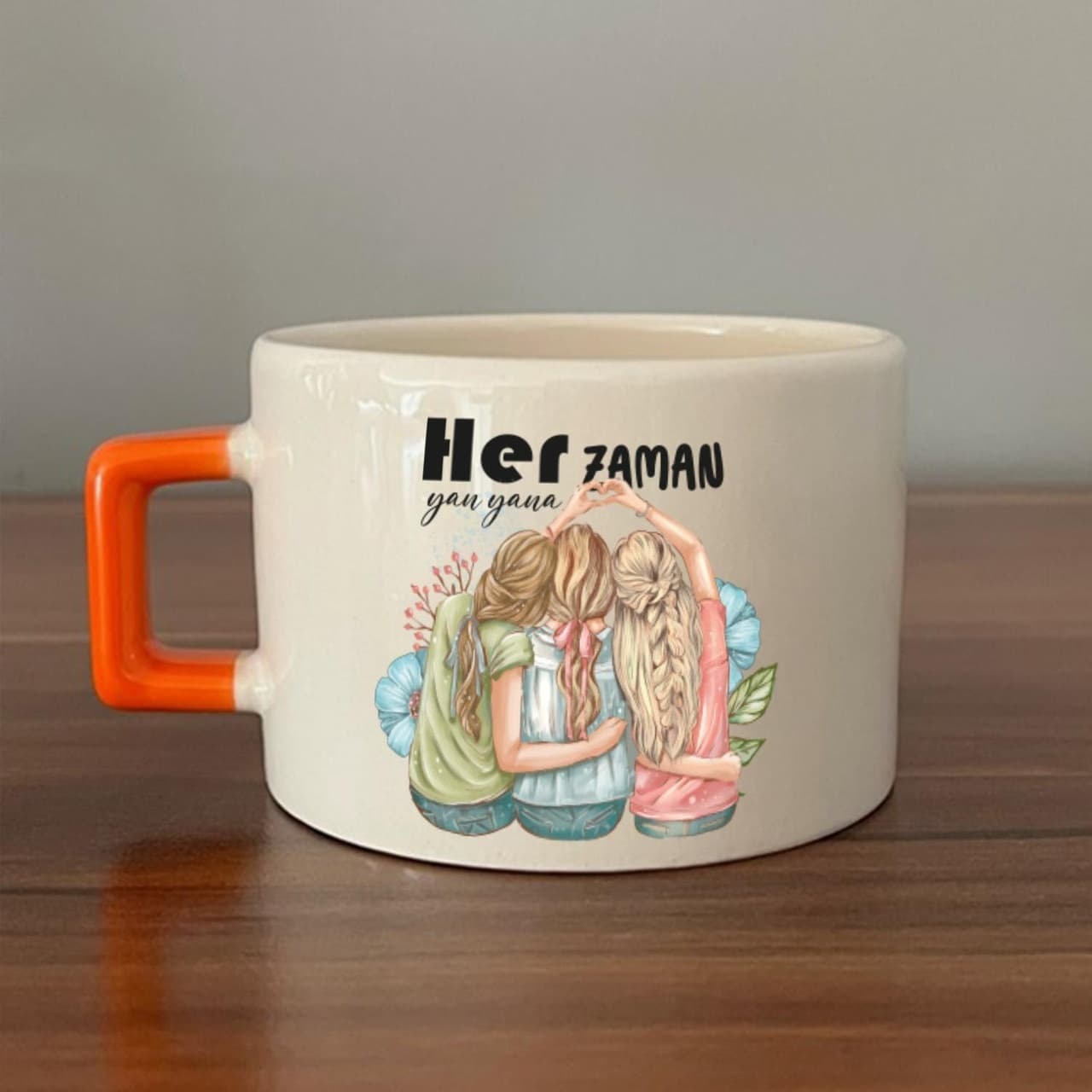 Her Zaman Yanyana Baskılı Turuncu Kulplu Kare Espresso Fincanı