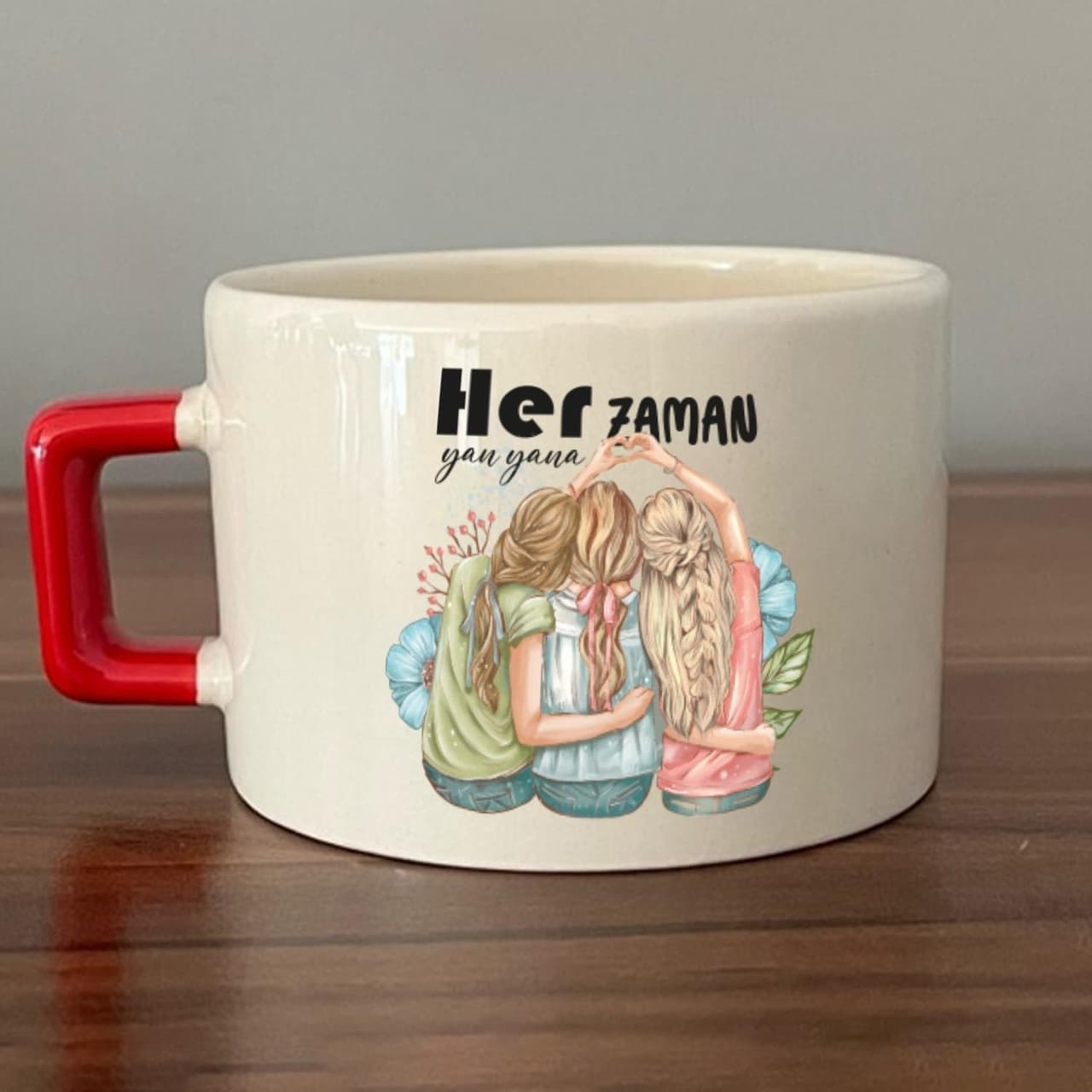 Her Zaman Yanyana Baskılı Kırmızı Kulplu Kare Espresso Fincanı