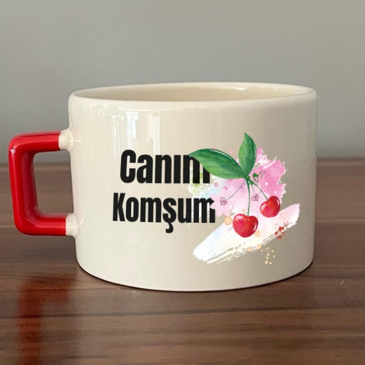 Canım Komşum Baskılı Kırmızı Kulplu Kare Espresso Fincanı