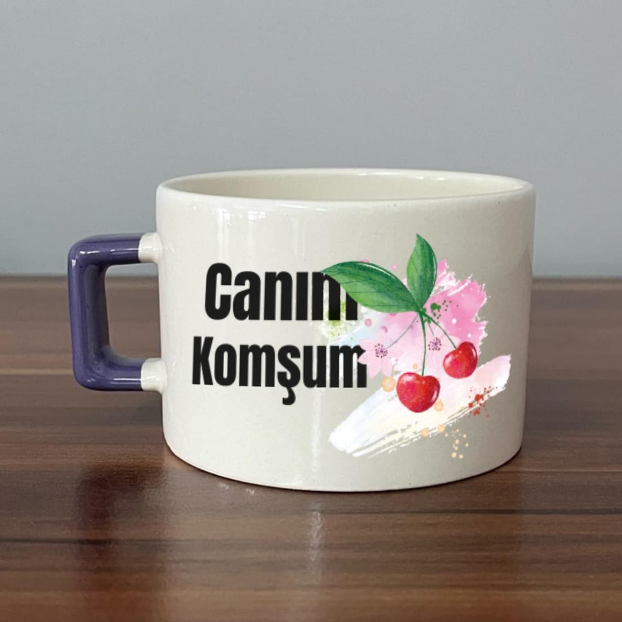 Canım Komşum Baskılı Mor Kulplu Kare Espresso Fincanı
