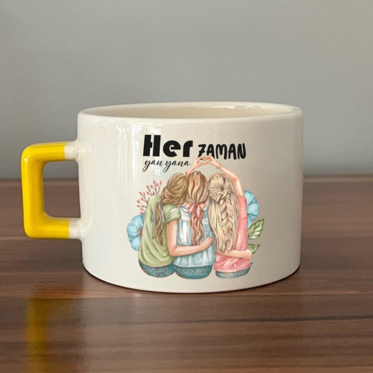 Her Zaman Yanyana Baskılı Sarı Kulplu Kare Espresso Fincanı