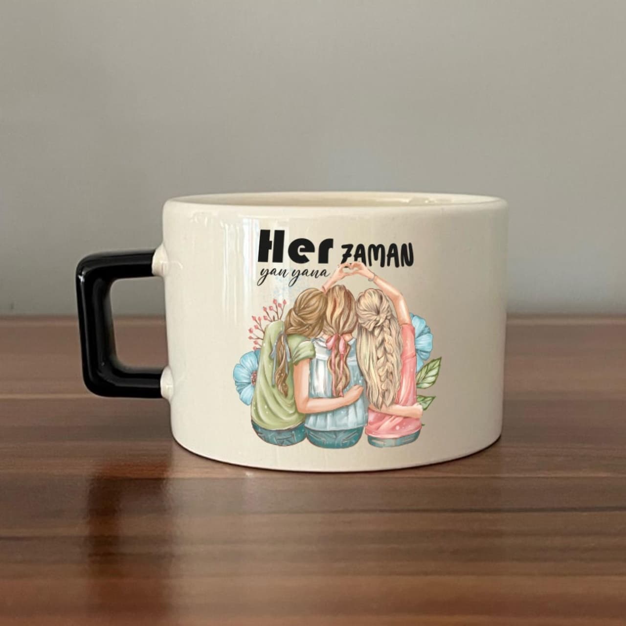 Her Zaman Yanyana Baskılı Siyah Kulplu Kare Espresso Fincanı